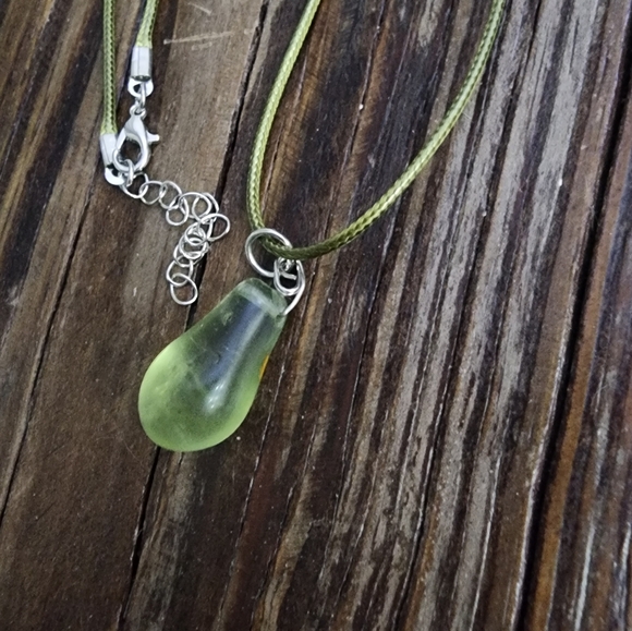 Hand Crafted Jewelry - Handmade Green cord Necklace with green tear drop shaped bead